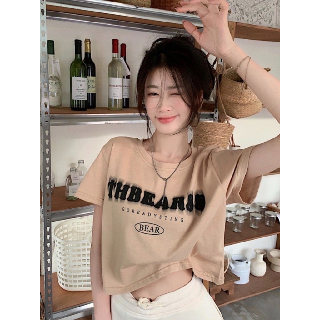 ✗✑Suhao kaos import wanita kaos wanita gaya korea lengan pendek kaos pendek perempuan design letter print front shoulder short-sleeve t-shirt female summer small loose short high waist pink hot girl top