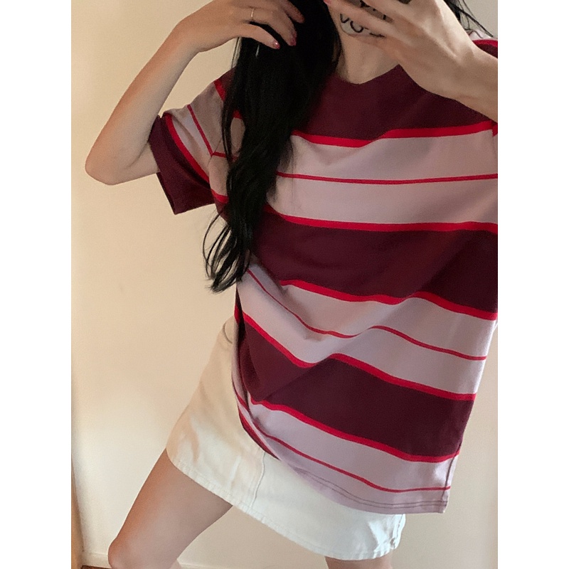 ✚✜♗Suhao kaos import wanita kaos wanita gaya korea lengan pendek kaos pendek perempuan leher bulat warna kontras retro amerika bergaris lengan pendek t-shirt wanita musim panas longgar sederhana bagian tipis rasa desain niche top