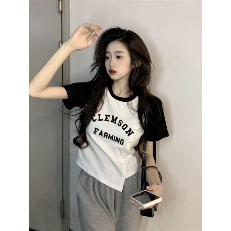 ▲♀Suhao kaos import wanita kaos wanita gaya korea lengan pendek kaos pendek perempuan American style retro white letter raglan short-sleeved t-shirt women s summer color contrast irregular pure cotton slim short top