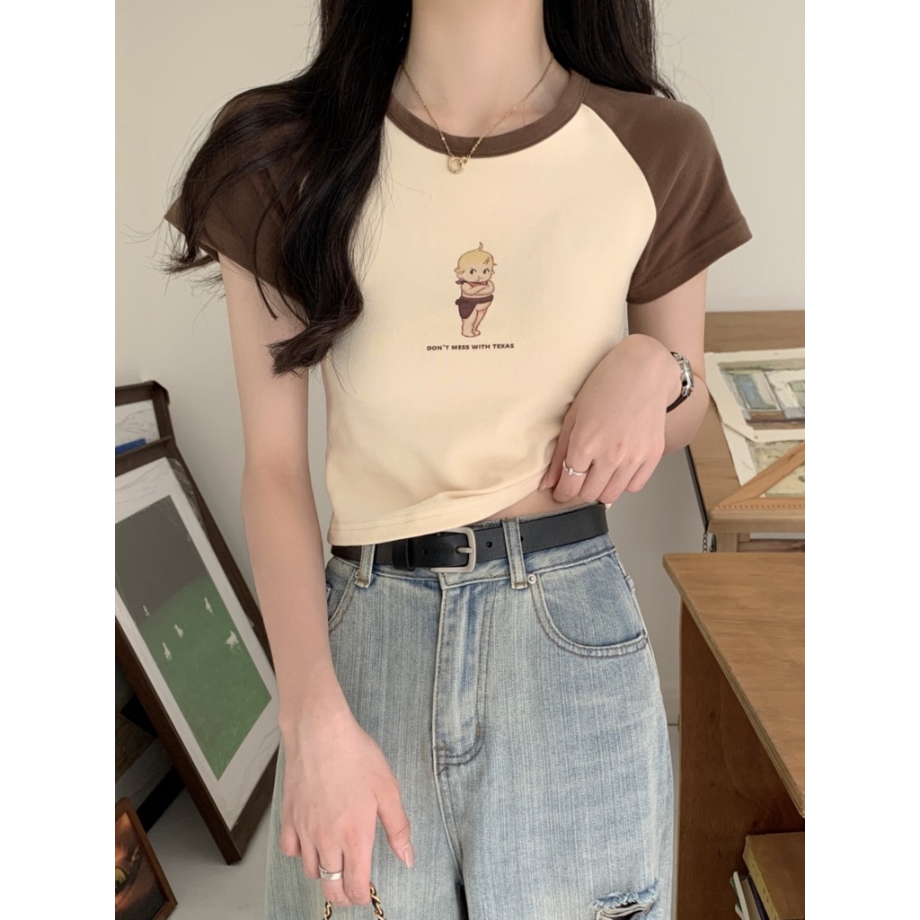 ✽Suhao kaos import wanita kaos wanita gaya korea lengan pendek kaos pendek perempuan American retro raglan bahu lengan pendek t-shirt wanita musim panas desain masuk akal ceruk hot girl slim body shirt front shoulder short top