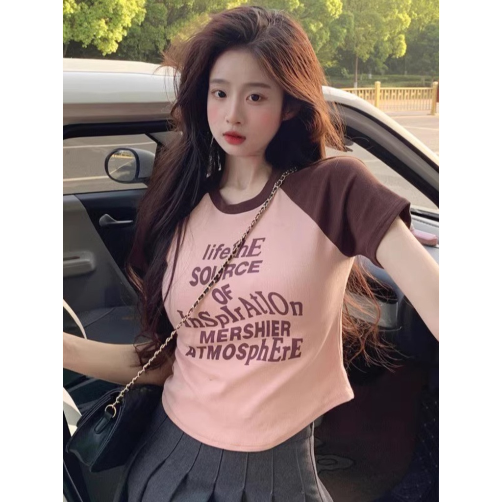 ♛✇Suhao kaos import wanita kaos wanita gaya korea lengan pendek kaos pendek perempuan American retro pink raglan lengan pendek t-shirt wanita musim panas hot gadis warna kontras tidak teratur katun slim top