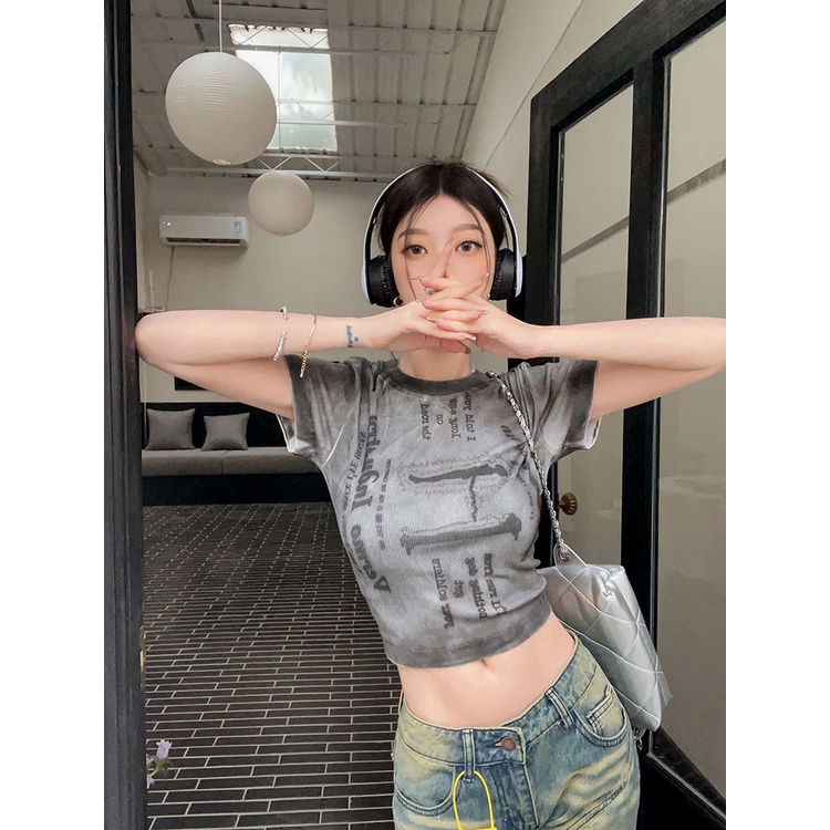 ❦✚✽Suhao kaos import wanita kaos wanita korean style lengan pendek kaos pendek perempuan American style retro grey tie-dye front shoulder short-sleeve t-shirt women s summer summer hot girl short tight slim fit top