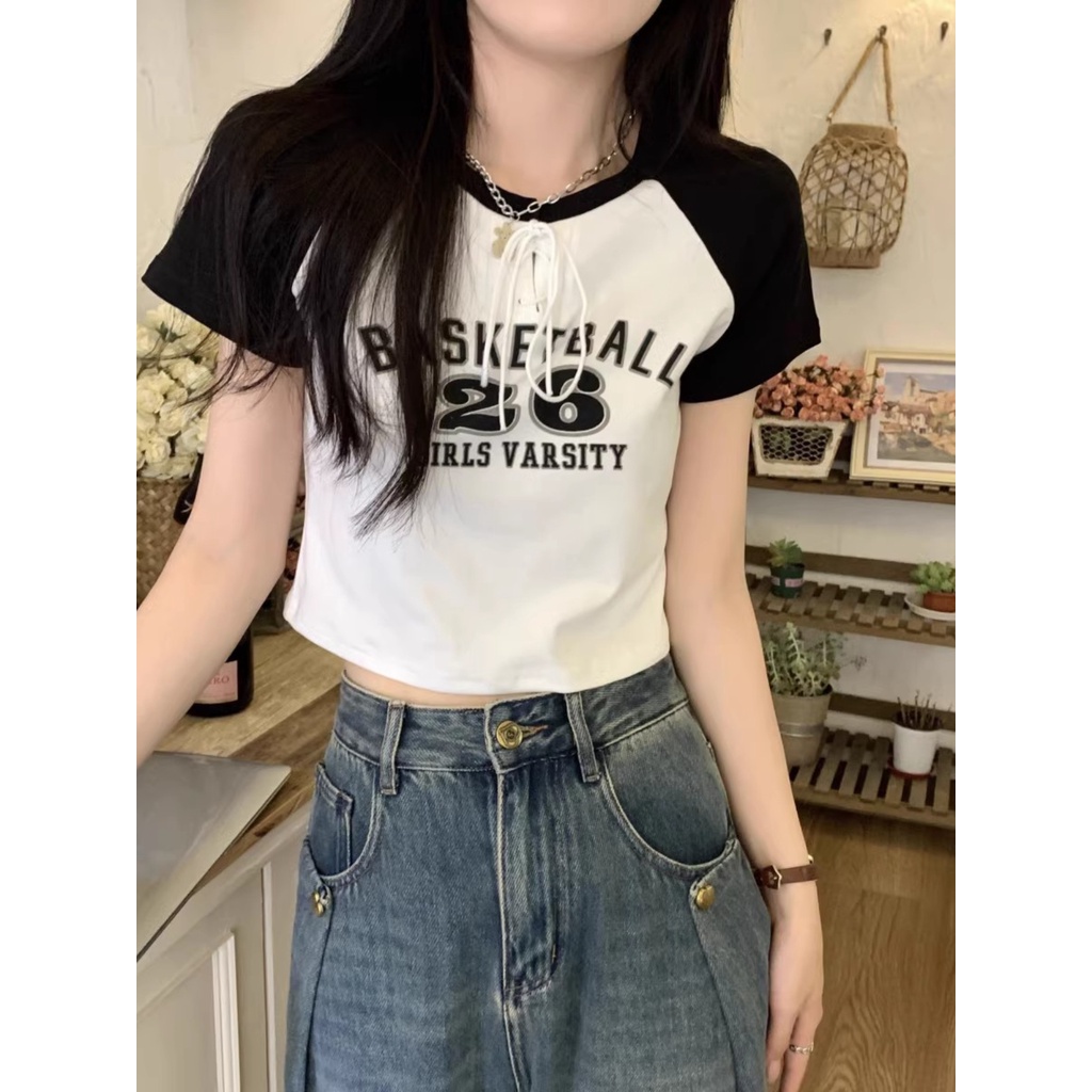 ☃▬Suhao kaos import wanita kaos wanita gaya korea lengan pendek kaos pendek perempuan American style retro abu-abu raglan bahu lengan pendek t-shirt wanita musim panas desain masuk akal ceruk chic hot girl slim short top