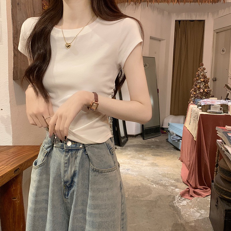 ▤۩◕Suhao kaos import wanita kaos wanita gaya korea lengan pendek kaos pendek perempuan warna solid bahu depan tipis lengan pendek t-shirt wanita musim panas baru chic chic pinggang ceruk gaya barat atasan temperamen kelas atas