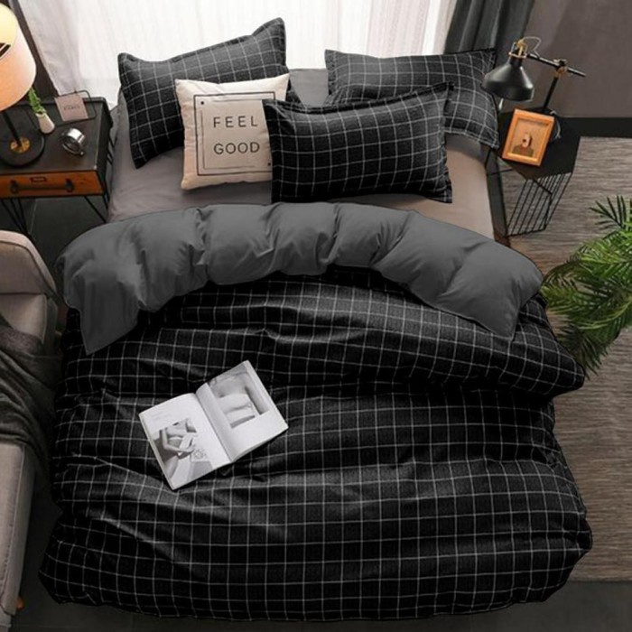 Bed Cover & Sprei Set Motif Kotak Selimut +seprei bedcover set 180x200 - hitam kotak, 90x200x20 Terl