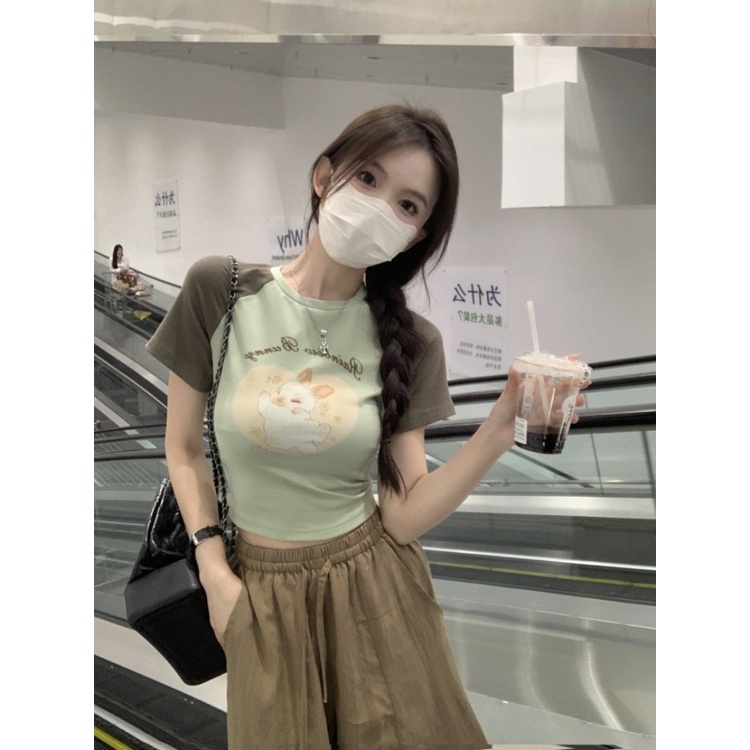 ◎◙Suhao kaos import wanita kaos wanita korean style lengan pendek kaos pendek perempuan hot girl pink stitching raglan sleeves rabbit short-sleeved t-shirt women s summer sweet and spicy slim fit navel short shoulder top