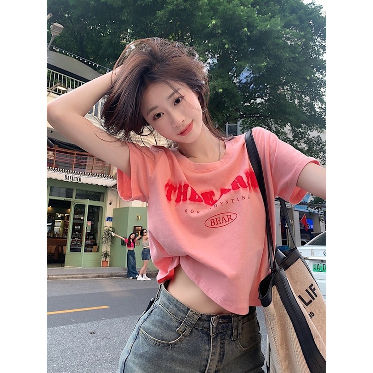 ◊✢Suhao kaos import wanita kaos wanita gaya korea lengan pendek kaos pendek perempuan letter printing pink cotton front shoulder short-sleeve t-shirt women summer loose slimming all-match short high waist top ins