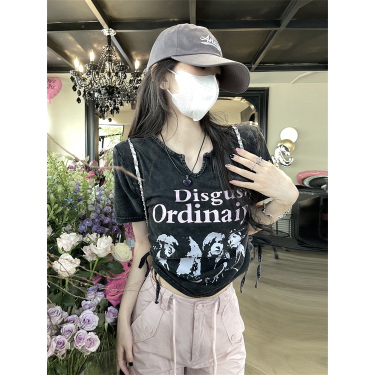 ▦☌Suhao kaos import wanita kaos wanita gaya korea lengan pendek kaos pendek perempuan American retro wash old short-sleeved T-shirt women s summer design sense niche print drawstring front shoulder short top