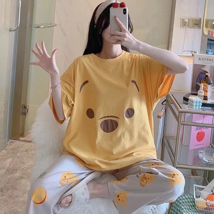 Setelan Baju Tidur Wanita  Lengan Pendek Celana Panjang - Doraemon - Pooh Face gemoy adem lembut kor