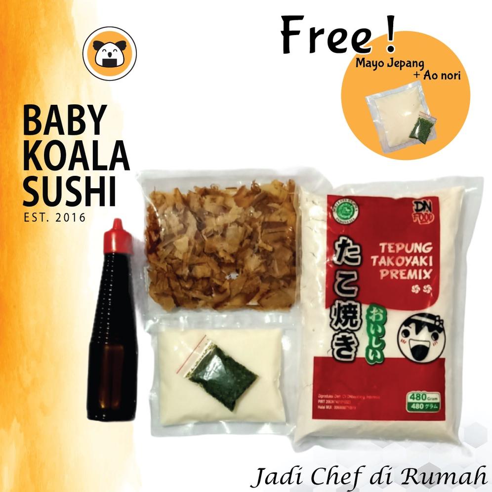 

PAKET BAHAN TAKOYAKI LENGKAP 50 Butir Halal Tepung, Katsuobushi, Saus Takoyaki, Aonori Best Seller