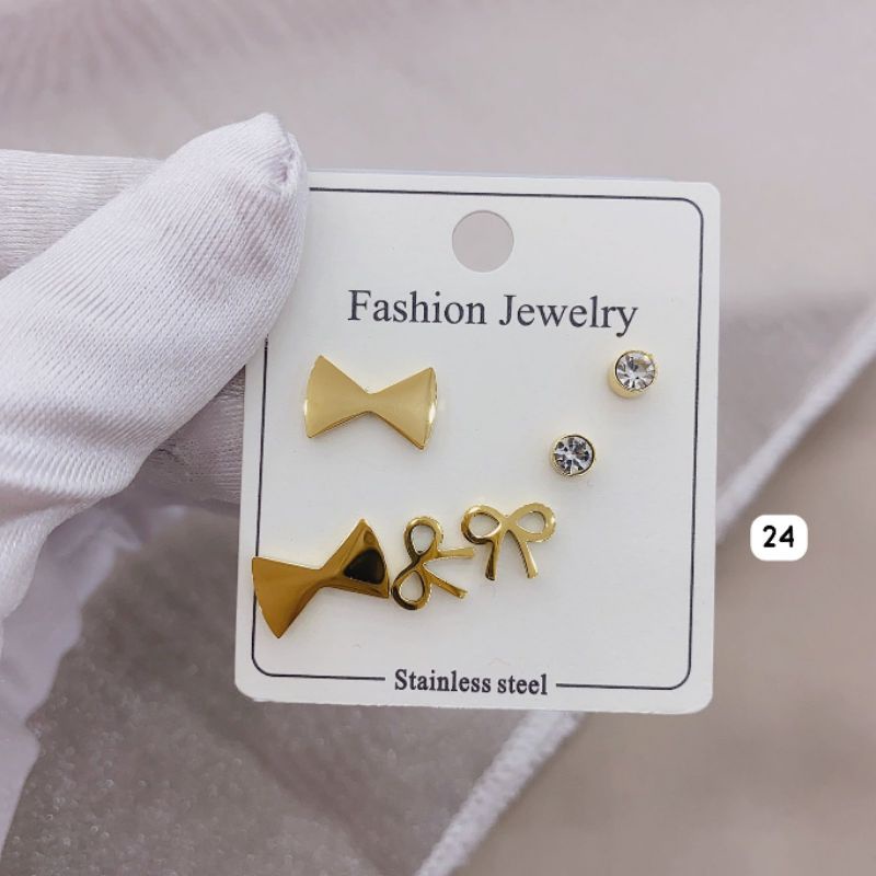 Anting Titanium asli 1 kap  isi 3set A024 A025 Kilau mirip emas asli Premium Quality Anti karat anti alergi Stainless steel ori