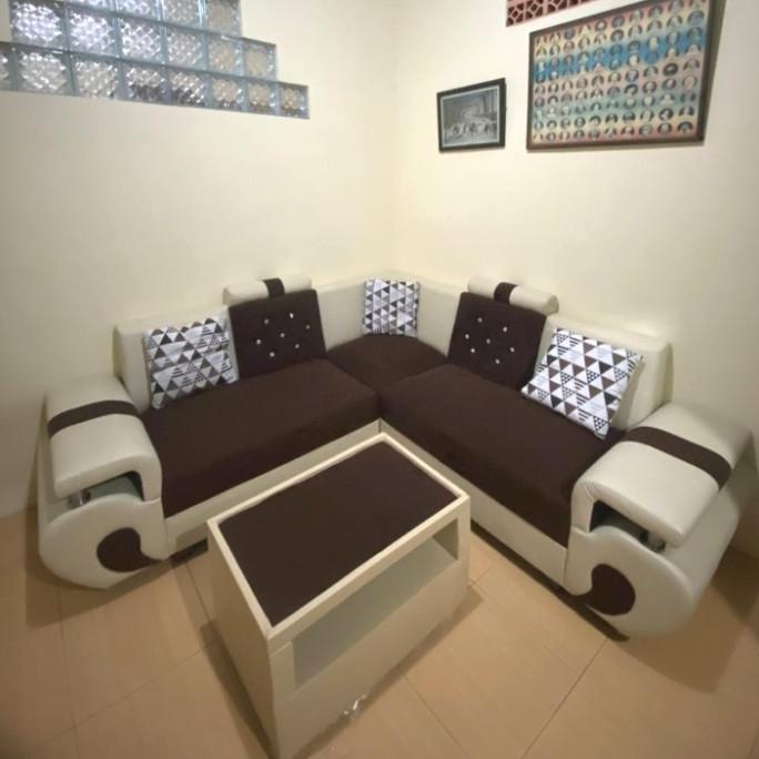 Sofa L sudut type angsa + meja kaca