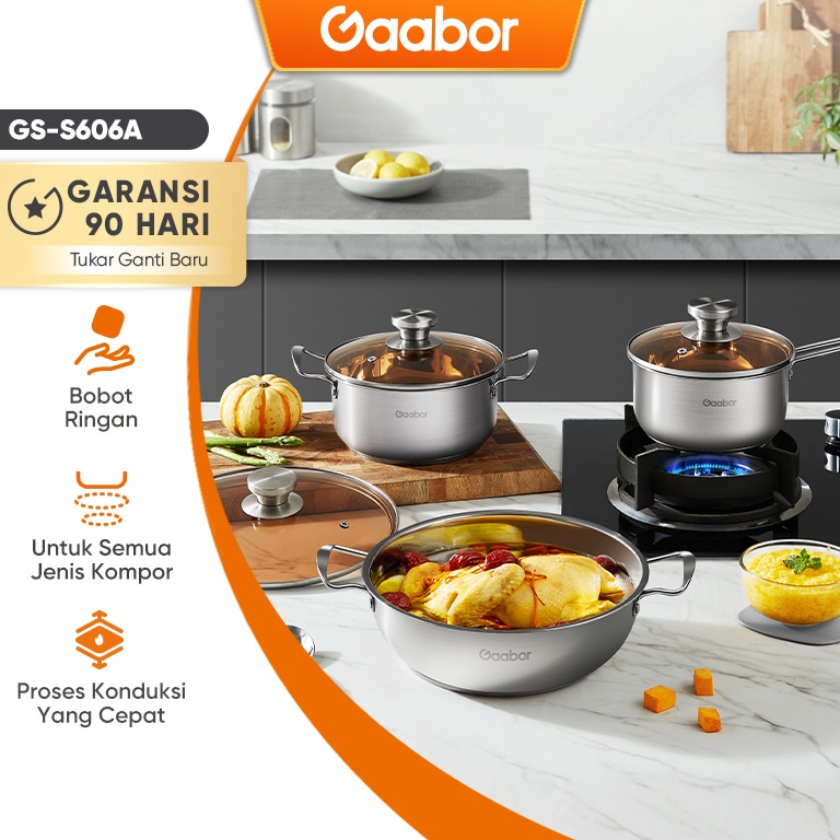 Ready| Gaabor Panci Set Tebal 3 Item Stainless Steel Anti Karat Anti Lengket Insulasi Panas Mudah Di
