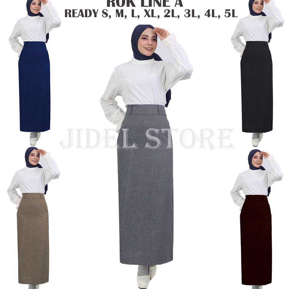 Rok Kerja Panjang Wanita LINE A Ukuran S - 5L JUMBO Bahan Gabardine Premium Hitam Abu Mocca Coklat M