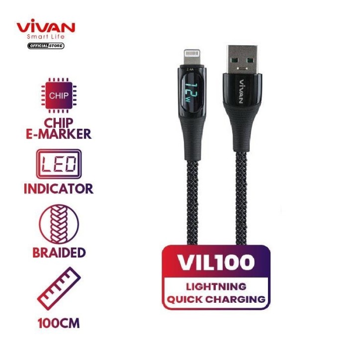 Vivan VIL100 Kabel Data Iphone 5 6 7 8 X XR Xs Apple Lightning Charger
