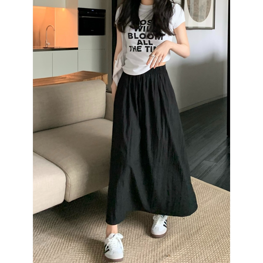 Musim Panas Baru Tinggi Pinggang Pinggang Elastis Pertengahan Panjang Rok