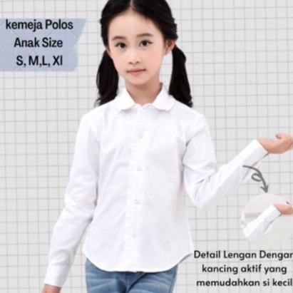 (H☛4B-✓) Atasan Anak Perempuan Kemeja Putih Polos Katun Usia 7-13 tahun / Baju Putih Lengan Panjang 