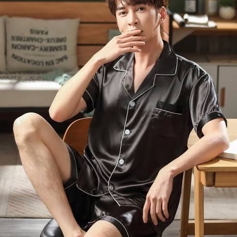 12.12 Brands Festival baju tidur satin pria celana pendek set piyama cowok lengan setelan LD 110 120