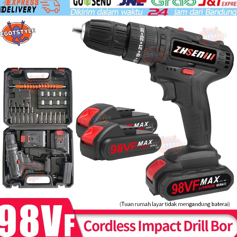 Terlaris!!!! Bor Baterai / Bor dampak / Mesin Bor Cordless / Bor Listrik / Beton Besi Kayu Full 98Vf
