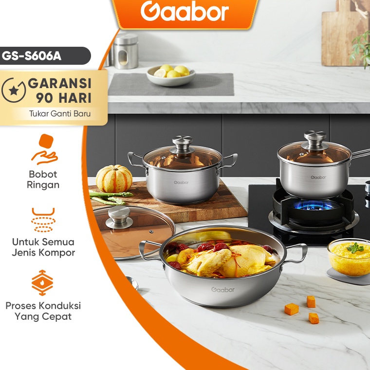 NEW STOCK Gaabor Panci Set Tebal 3 Item Stainless Steel Anti Karat Anti Lengket Insulasi Panas Mudah