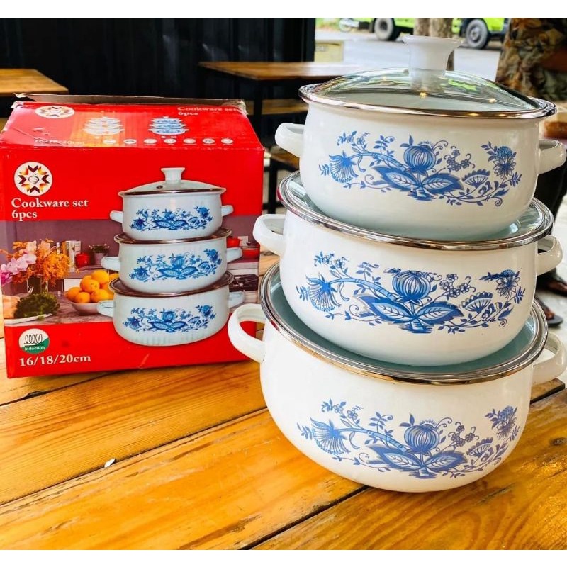 panci set enamel panci tutup kaca