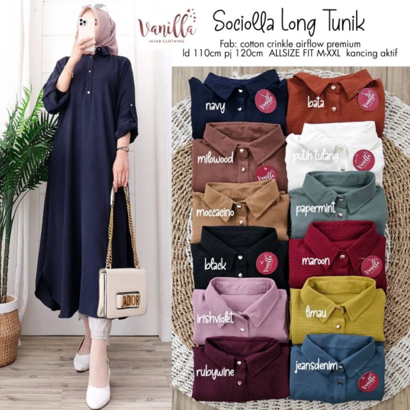 (Warna Baru) SOCIOLLA LONG TUNIK ORI VANILLA | Crinkle Airflow