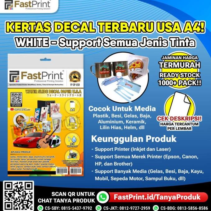 

Fast Print Kertas Water Slide Decal Paper White USA Ukuran A4 170 Gram ffs01