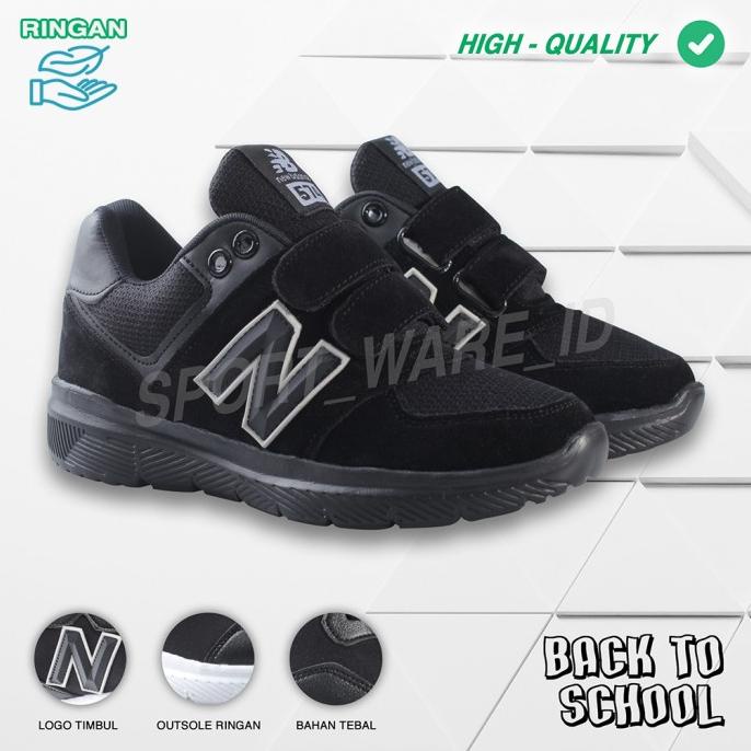 Sepatu sekolah anak laki perempuan full hitam-tanpa tali full black