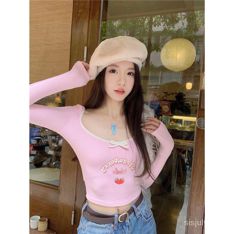 [✅BISA COD] #Sisjuly# Atasan Y2K wanita / Tabrakan kaos lengan panjang lengan bawah U-neck T-shirt w