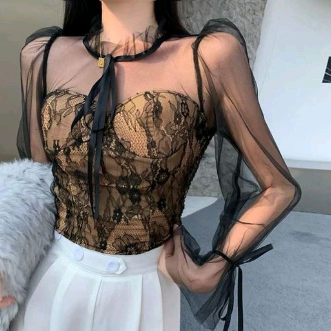 1890 Baju atasan blouse BUSTIER LACE TOP brokat kemben hitam putih Korea Korean style wanita import 