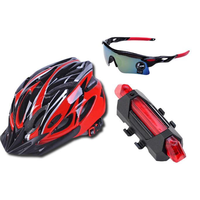 Paket Aksesoris Sepeda Helm + Kacamata + Lampu Sepeda Belakang