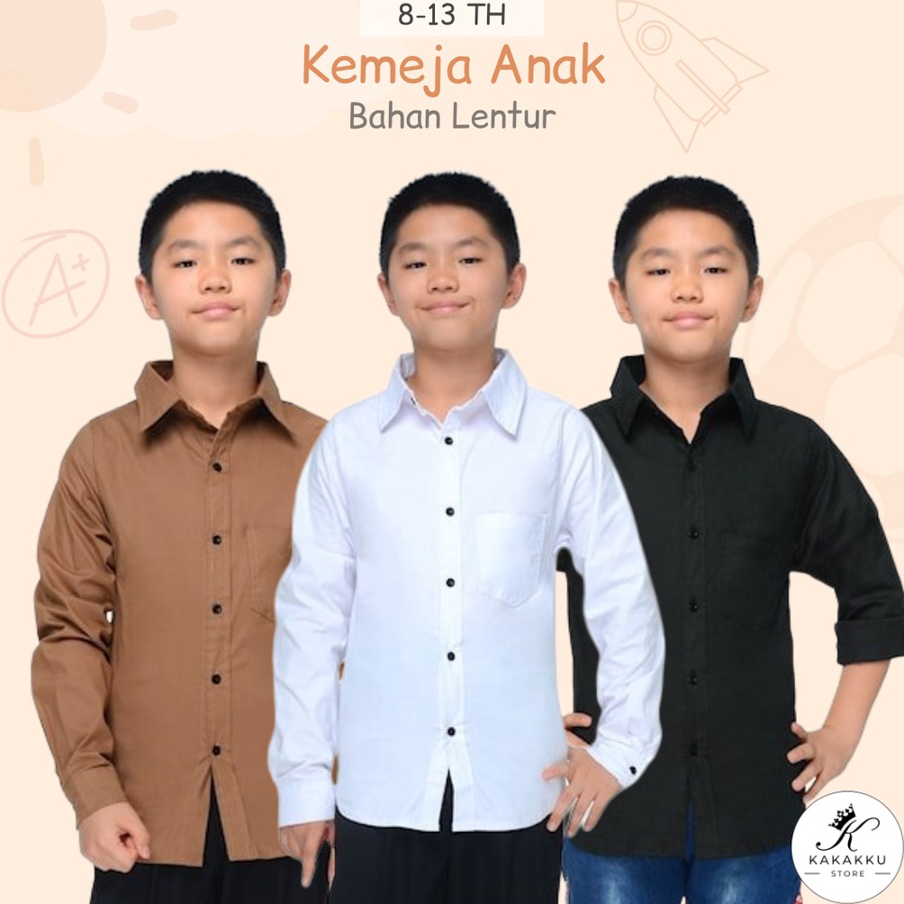 6>BH0-E Kemeja Polos Anak Laki Laki Umur 8-13 Tahun Lengan Tangan Panjang Bahan Katun Stretch Lentur