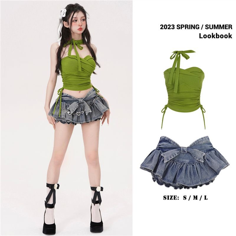 [✅BISA COD] #Sisjuly# Setelan Wanita/Rok Denim + Atasan Pendek Wanita Bertali Halter
