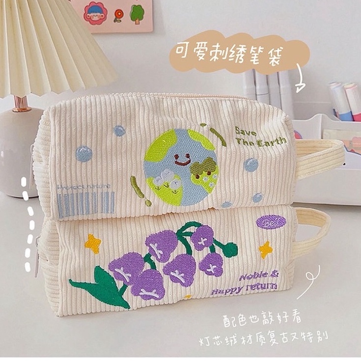 

Kekinian.. KENSHO Pouch Aesthetic Kain Corduroy Handle Lucu Import / Kotak Pensil Kain / Tempat Makeup / Cute 96E