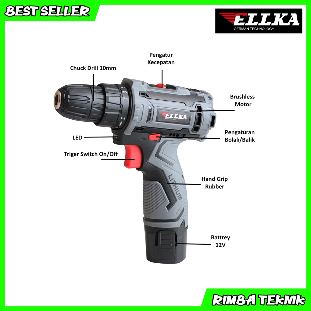 ELLKA  2 BATERAI Cordless Drill bor baterai 12 V charger 2 BATERAI Cordless Drill bor baterai 12 V YUKIDO charger Baterai dua ganda Mesin bor cordless Elektrik Drill bor listrik besi kayu full set pilihan Bor tanpa kabel