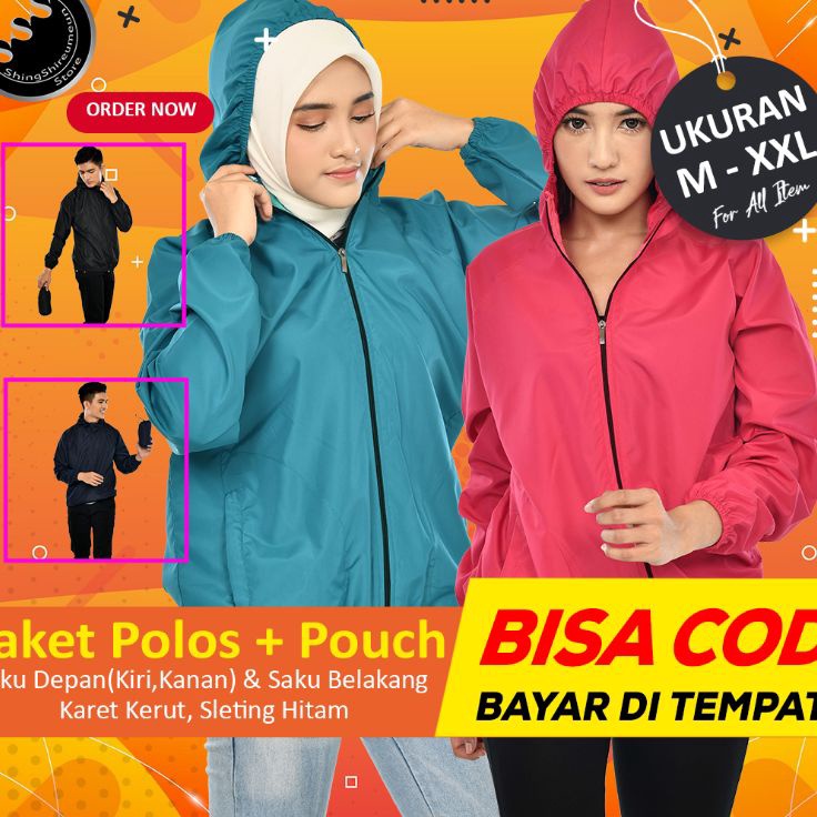 Jaket Parasut Olahraga Polos + Pouch Saku Belakang Sleting Hitam Running Jogging Sepeda Bulu Tangkis