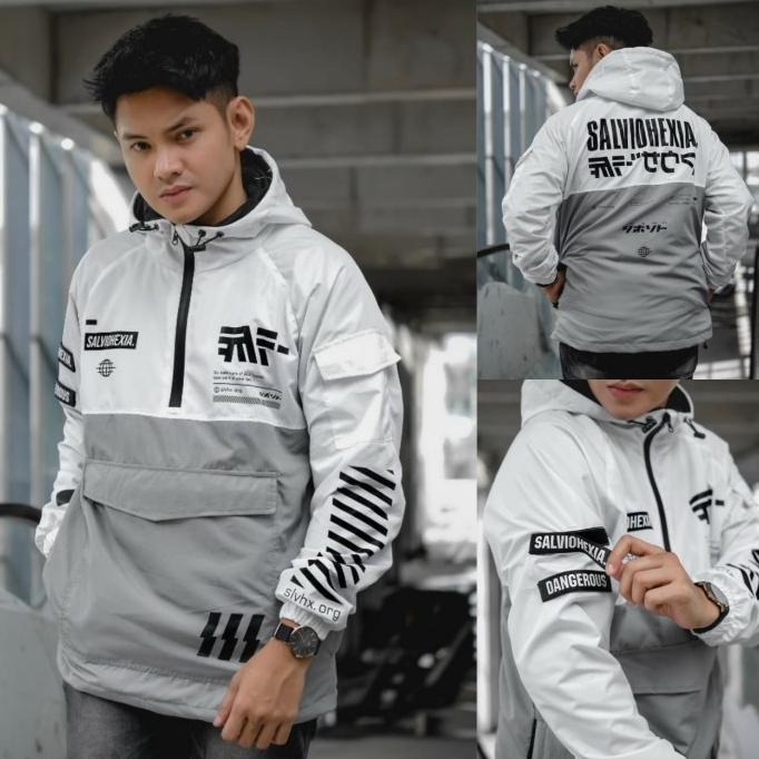 Jaket Cagoule Pria Waterproof Jaket Cagoule Kanji Cyber Putih Abu