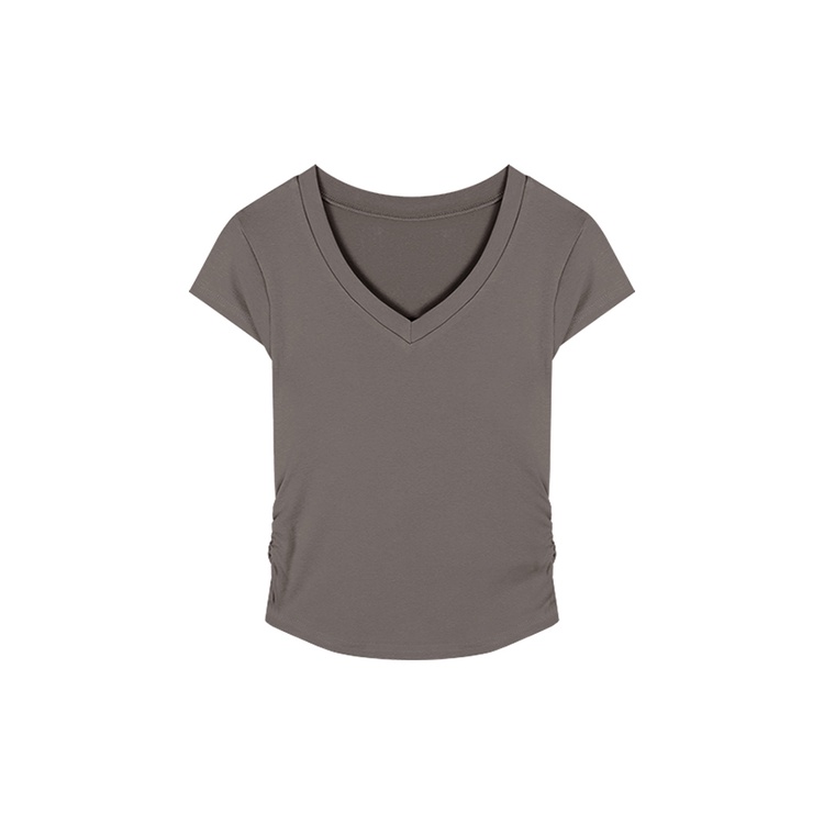 Red Keinginan Murni Gaya V-Leher Bahu Depan Lengan Pendek T-shirt Wanita Musim Panas Gadis Tidak Teratur Rasa Desain Niche Pullover Slim Top