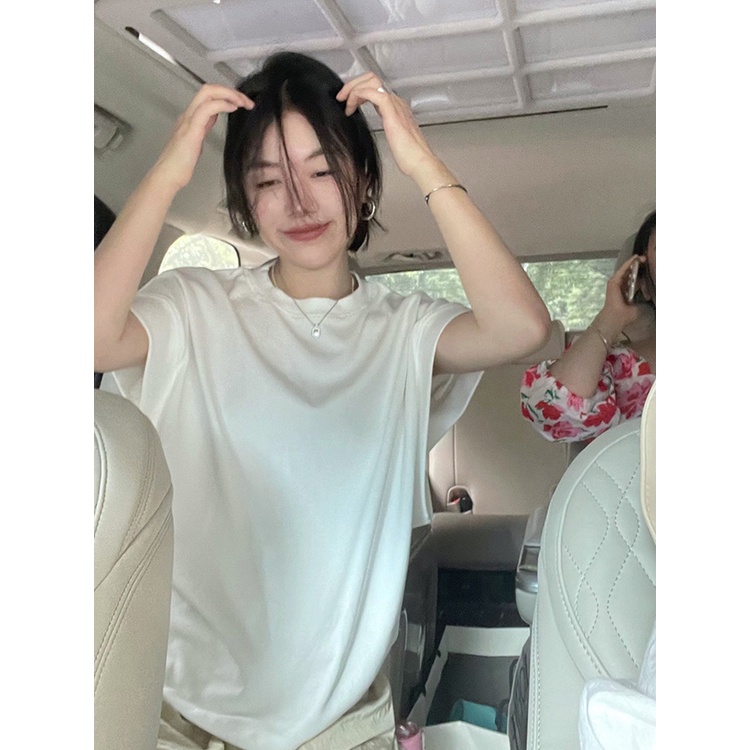 Red Santai gaya putih lengan pendek T-shirt wanita musim panas ceruk longgar kasual tipis all-match desain unik top trendi