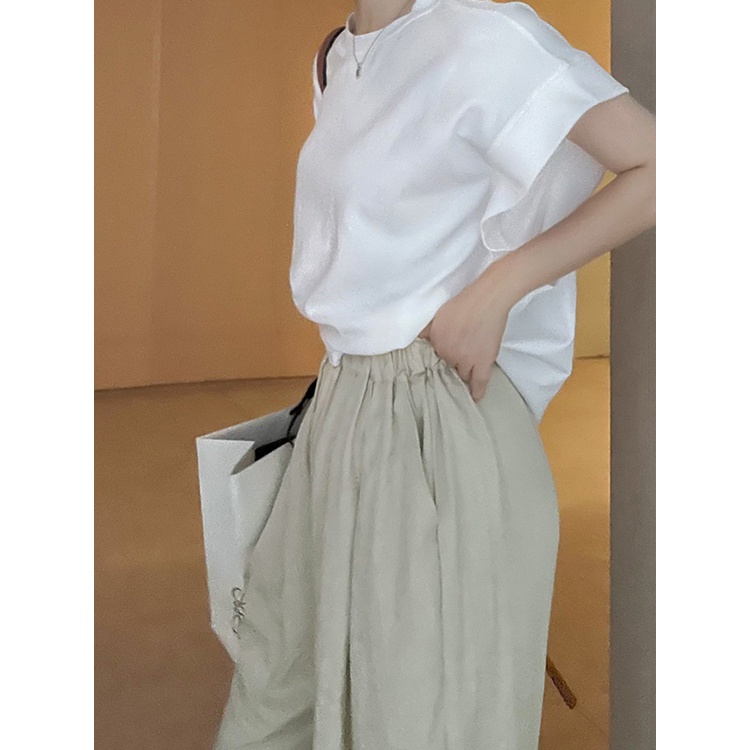 Red Santai gaya putih lengan pendek T-shirt wanita musim panas ceruk longgar kasual tipis all-match desain unik top trendi