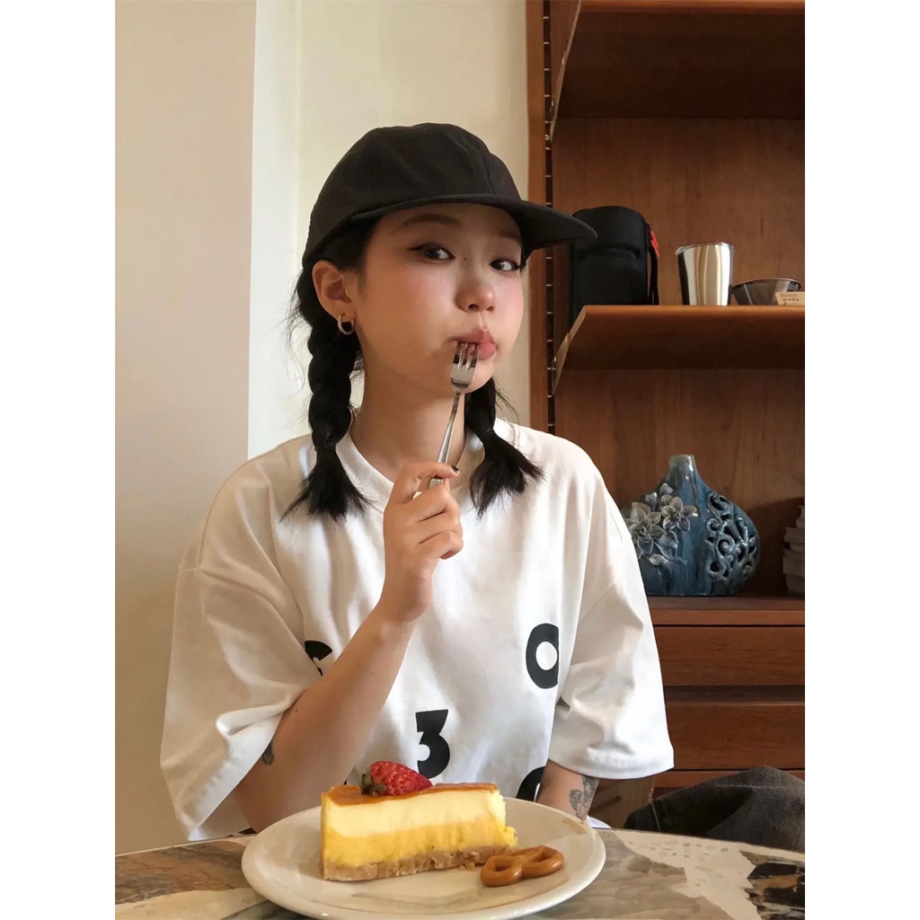 Red Kapas Murni Musim Panas Versi Korea dari Cetak Huruf Gaya Kuliah Lengan Pendek T-shirt Wanita Longgar High Street Malas bf Gaya Mahasiswa Atasan