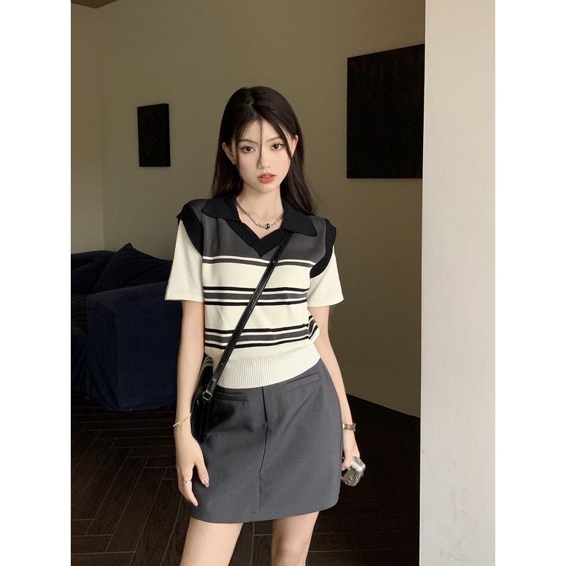 Red Fashion wanita musim panas baru pelangsing palsu dua potong kerah polo sweater top setengah panjang rok pendek set dua potong