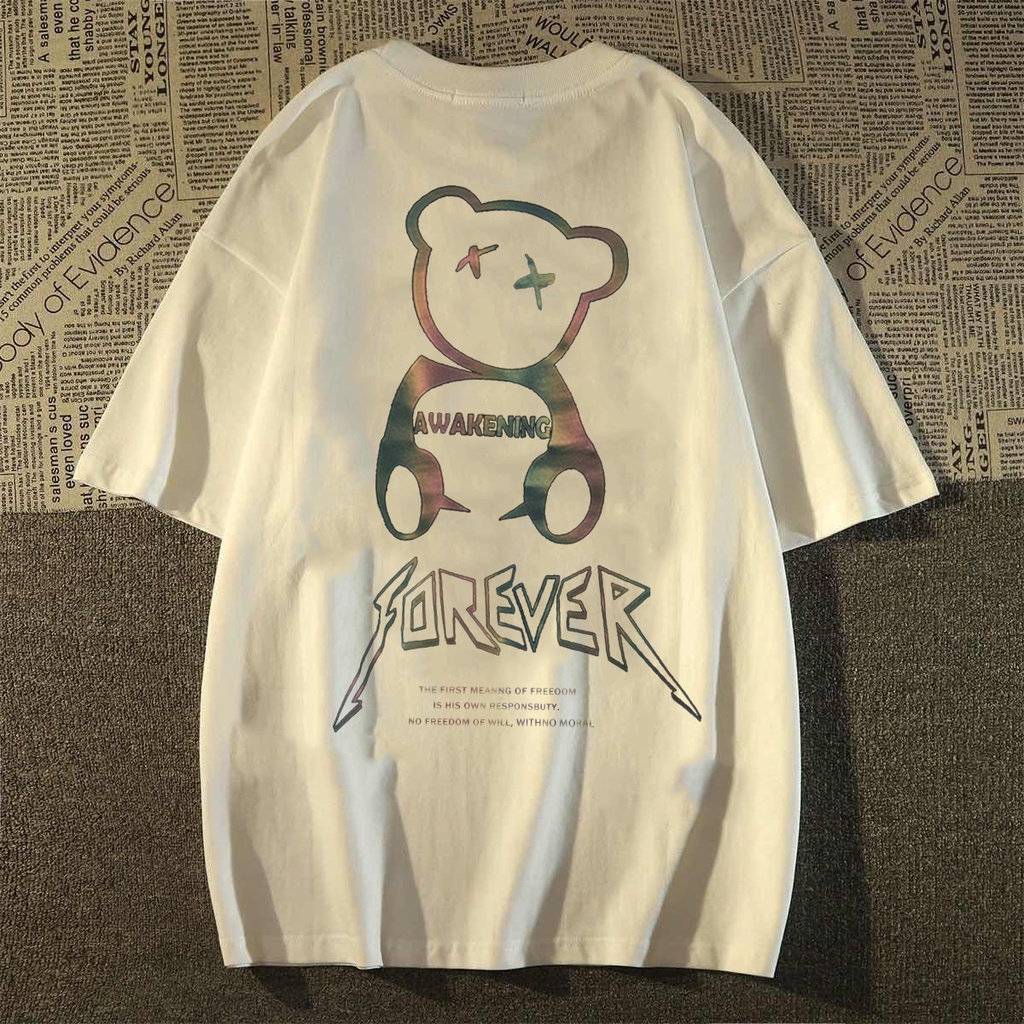 RDGF pola bentuk beruang FOREVER bentuk beruang Kaos Pria Keren Oversized Men's T-Shirts/A0833