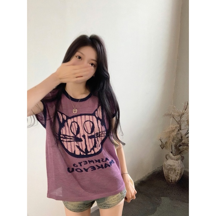 Red Ungu kartun kucing rasa desain rajutan lengan pendek T-shirt wanita musim panas malas longgar slim kasual atasan pendek