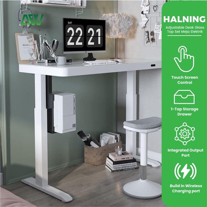 

Aurealiamall Halning Standing Desk Adjustable Desk Glass Top Set Meja Elektrik