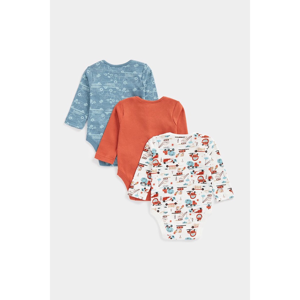 Mothercare Trucks Long-Sleeved Bodysuits - 3 Pack - Set Terusan Bayi Laki-laki (Multi)