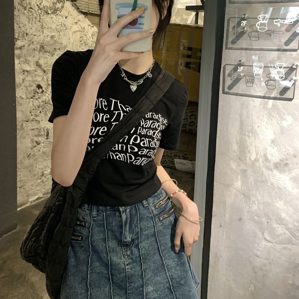 Red High Waist Thin Top [Kapas] INS Trendi Retro American Letter Printing Hot Girl Black Lengan Pendek T-shirt Wanita