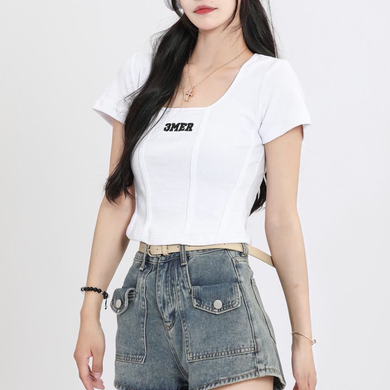 Red Retro Pure Desire Spice Girl Gaya Melengkung Pinggang Perban Atasan Pendek Wanita Slim Tulang Ikan Slim Leher Bulat Lengan Pendek T-Shirt