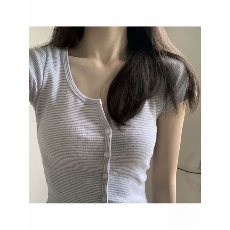 Red BrandyMelville American Retro Slim Single-Breasted Elastis BM Lengan Pendek T-shirt Pendek Wanita Pusar Top