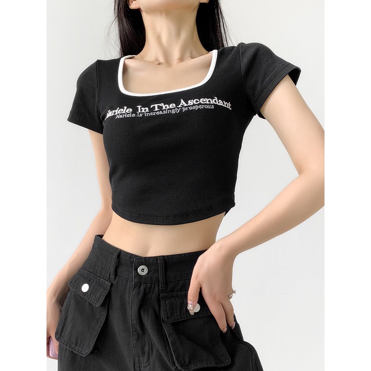 Red Eropa dan Amerika Gaya Manis dan Keren Gadis Panas Huruf Bordir Kerah Persegi Lengan Pendek T-shirt Wanita Slim dan Tipis pendek Pinggang Tinggi Crop Top